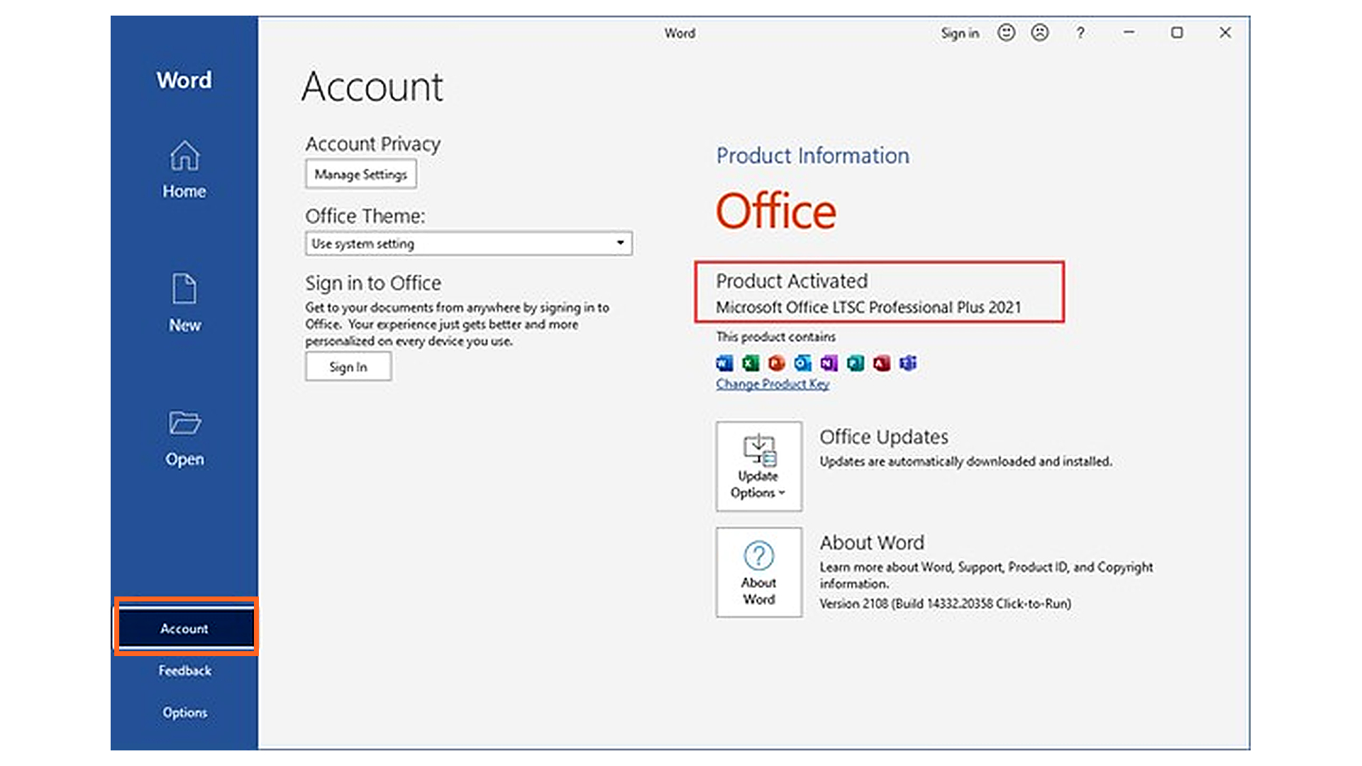 Раздел Учетная запись в Microsoft Word 2021