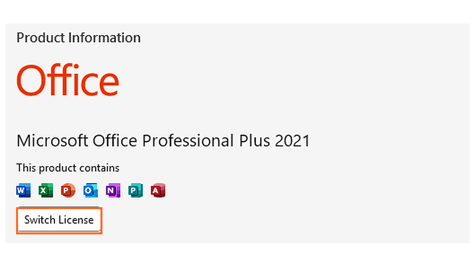 Кнопка Переключить лицензию в Microsoft Office 2021